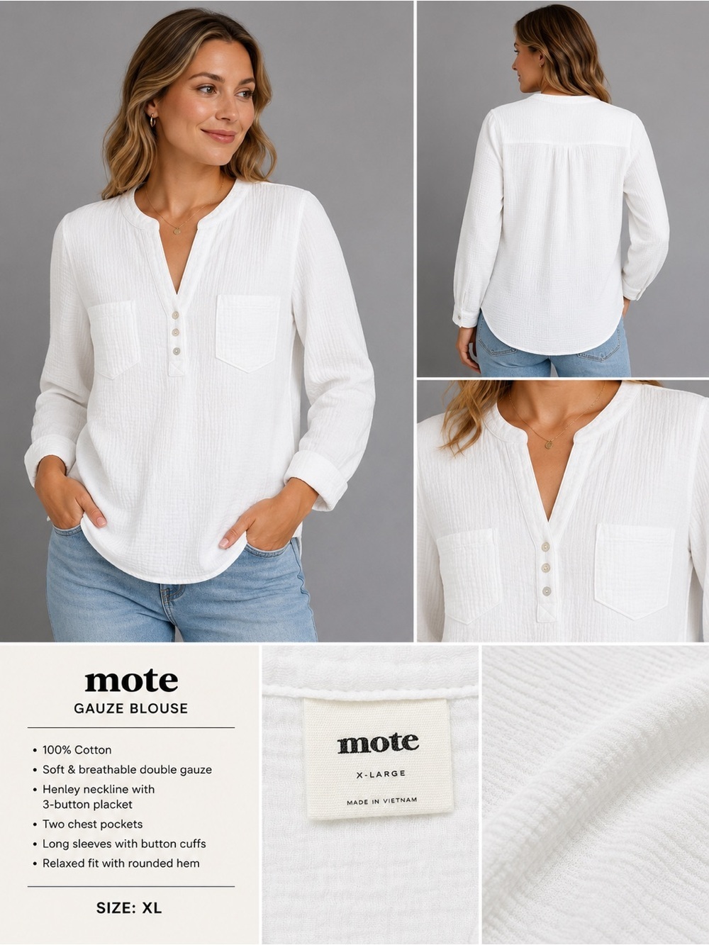 Mote White Double Gauze Cotton Blouse XL Boho Henley Pocket Top